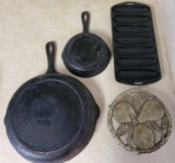 Lodge #8 Skillet, Lodge (unmarked) Small Skillet, Cast Iron Cornbread Pan and Trivet