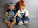 Pair of Porcelain Toddler Dolls in Denim