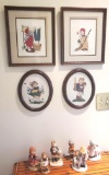 (4) Framed Cross Stitch Hummel Figures and (6) Reproduction Figurines
