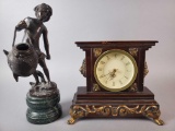 Bronze Boy Figurine on Marble Base and Small Mantle Clock (battery-operated)
