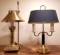 Green Desk Lamp w/ Brass Base & Brasstone Hurricane Style Desk Lamp (LPO)
