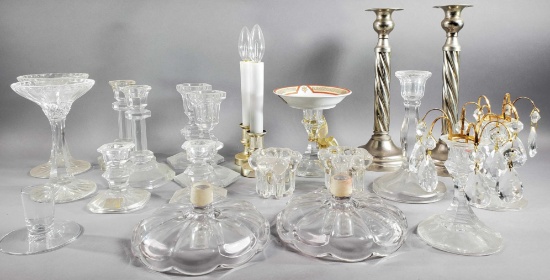 (7) Pair of Glass & Crystal Candlesticks w/ (3) Single Candlesticks and more
