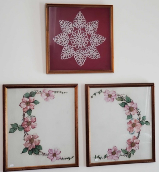 Pair of Framed Wild Roses Prints w/ Framed Doilie