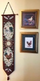 Handpainted White Roosters on Slate by C. Norfleet w/Large Lot of Decorative Rooster Items