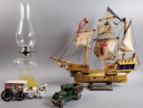 Wood Ship, Oil Lamp, Cast Iron Truck & Wagon (LPO)