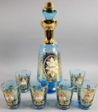 Vintage Mid-century Aqua Glass Handpainted Decanter & Cordial Set