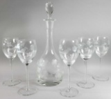 Etched Glass Decanter with (5) Goblets