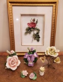 (6) Porcelain Flower Figurines w/ Framed 3D Rose