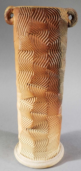 Hand Sculpted Vase w/Intricate Surface Design and Rolled Handles