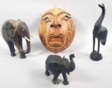 Decorative Wood Relief Mask, (2) Elephant Figures & Crane Figure