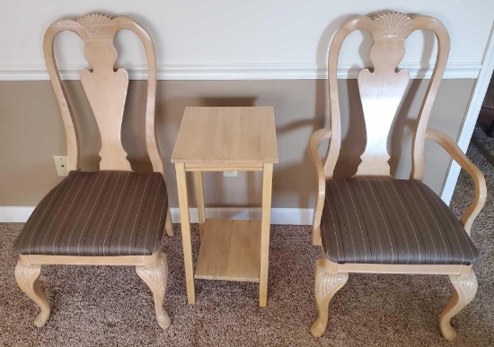 (2) Blond Wood Chairs w/ Lamp Table