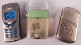 (3) Vintage Flint Lighters: Nokia Phone, 4-leaf Clover & Camel