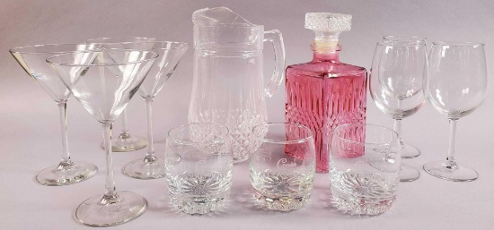 French Cut Glass Pitcher, Vintage Pink Decanter, Stemware, & Highball Glasses