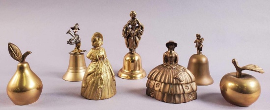 (7) Brass Bells: (2) Victorian Lady Bells, Apple & Pear Bells & Figural Bells