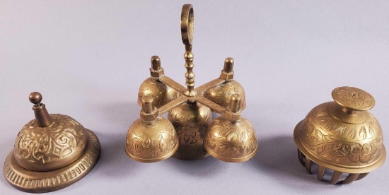 (3) Brass Bells: Ornate Call Bell, Brass Elephant Claw Bell & Alter Bell