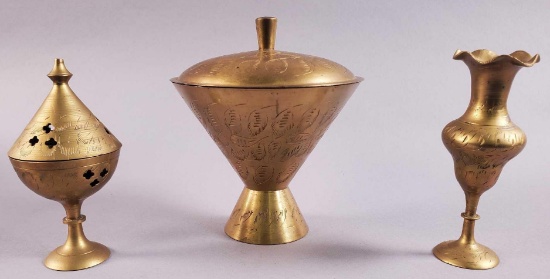 (3) Brass Items: ...Etched Covered Compote, Trumpet Vase and Incense Burner