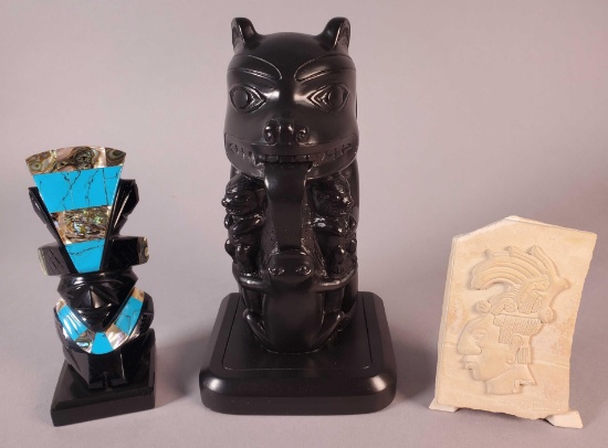 (2) Carved Obsidion Figurines and Decorative Mayan Carved Warrior