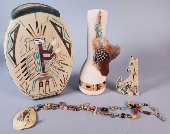 (2) Native American Art Vases, Figurine and Necklace (LPO)