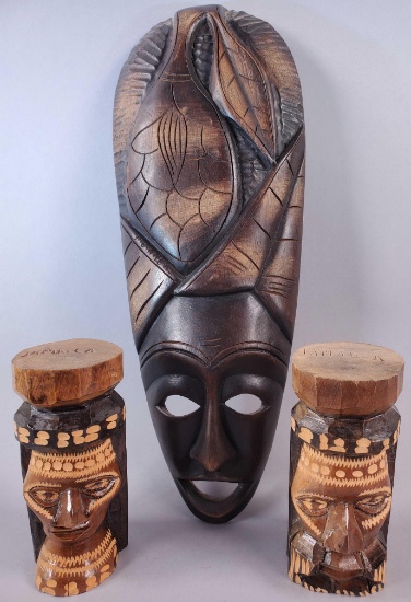 (2) Carved Totems and (1) Carved Wood Mask