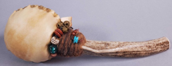 Native American Handcrafted Beaded/Antler Handled Leather Rattle