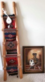 Rustic Wood Ladder w/Native American Wool Tapestry & Native American Painting (LPO)