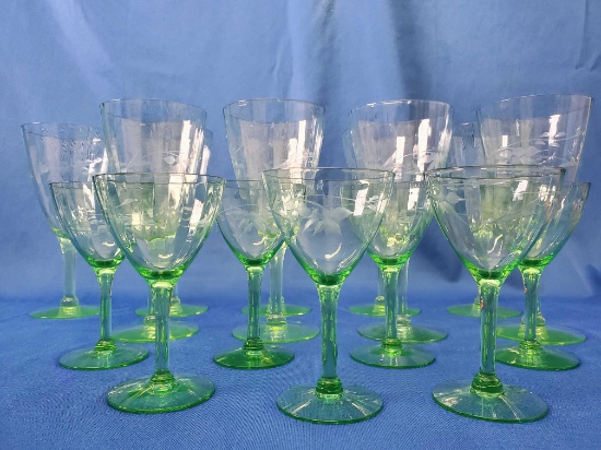 (9) Vintage Vaseline Wine Glasses & (7) Cordial Glasses (LPO)
