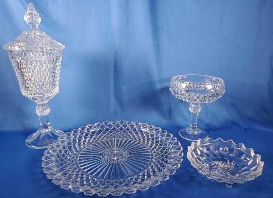 Diamond Point Glass Apothecary Jar, Platter and (2) Candy Dishes (LPO)