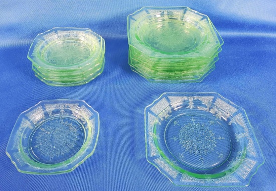 (8) Vintage Vaseline Glass Salad Plates & (5) Dessert Plates (LPO)