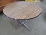 Mid Century Eames Era Chrome & Walnut Veneer Round Dinette Table with Leaf