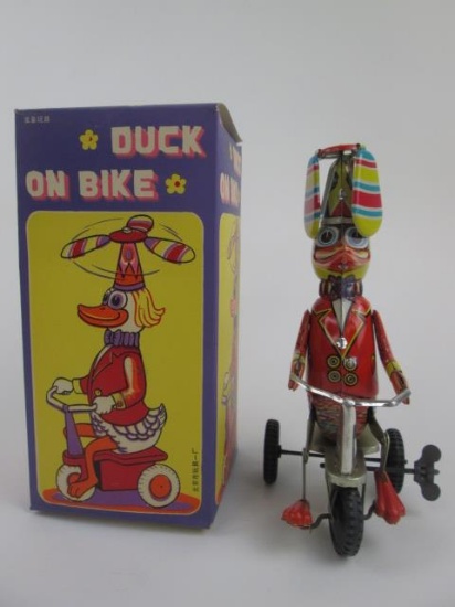 Tin Wind Up Duck On Bike w/ Box