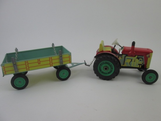 Vintage Tin Tractor with Trailer