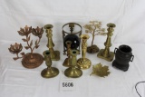 Lot of brass candle holders & misc. items