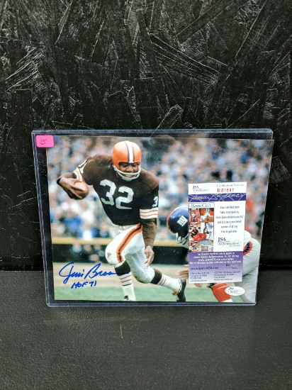 Jim Brown color 8x10 action photo signed blue sharpie with inscription JSA cert