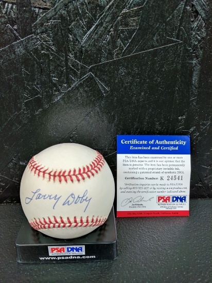 Larry Doby signed MLB baseball blue ink sweet spot PSA DNA cert