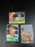 1960 Mickey Mantle Topps card, 1953 Mickey Mantle Bowman card, 1963 Mickey Mantle topps card: all on