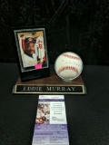 Eddie Murray signed MLB baseball, blue ink, sweet spot, includes card and stand, JSA cert