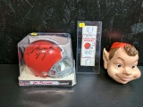 Browns package- signed Joe Thomas mini helmet black sharpy and Brownie elf bank 5inch and ticket fro