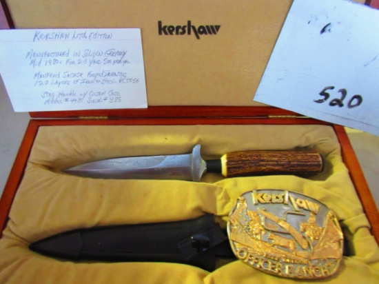KERSHAW #4480 SER. 385 LIMITED ED. IN WOODEN CASE WITH SHEATH AN BUCKLE DAMASCUS STEEL VERY NICE SET