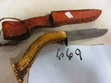 HAND FORGED KNIFE DEER HORN HANDLE WITH SHEATH