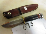 MARBLES KNIFE WITH SHEATH LEATHER HANDLE 4 1/4'' BLADE NICE COND. SHEATH IS ROUGH