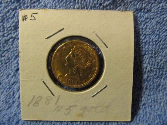 1881 $5. LIBERTY HEAD GOLD PIECE AU