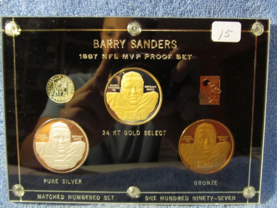 BARRY SANDERS 1997 NFL MVP PROOF SET W/2-1OZ. .999 SILVER PIECES