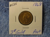 1868 $3. GOLD PIECE AU+ RARE