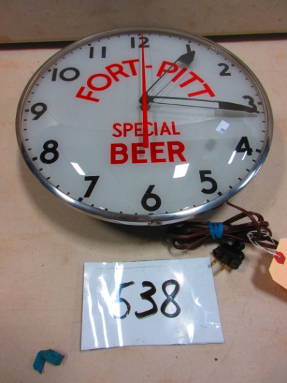 FORT - PIT BEER LIGHTED CLOCK 15'' RD. TELECHROM CLOCK CO. NICE