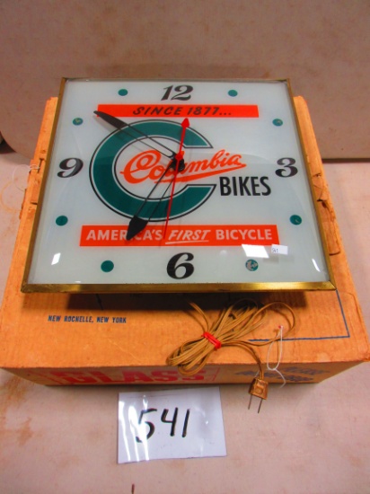 COLUMBIA BIKES CLOCK AMERICAS 1ST. BIKE CO. LIGHTED CLOCK 15'' WITH ORG. BOX WOW WHAT A RARE FIND