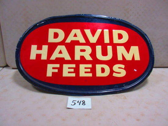 DAVID HARUM FEEDS SIGN S.S.T. SELF FRAMED EMBOSSED 29''X47''STOUT SIGN CO.