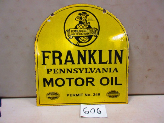 PENNSYLVANNA OIL CO. FRANKLIN OILS  TOMBSTONE SIGN D.S.P. 25''X27'' GRAPICS DEPICTING BEN FRANKLIN R