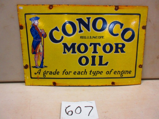 CONOCO MOTOR OIL SIGN S.S.P. 18''X28'' AWSOME GRAPICS ANOTHER RARE BEAUTY WITH MINUTEMAN ON SIDE