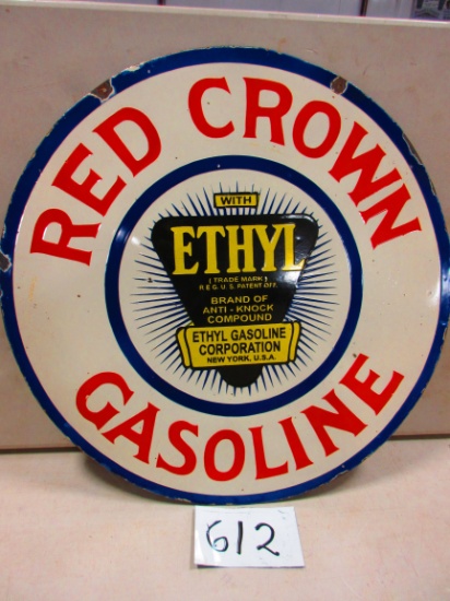 RED CROWN GASOLINE SIGN D.S.P. 30'' ROUND GREAT COLORS NICE PIECE  AGE UNKNOWN