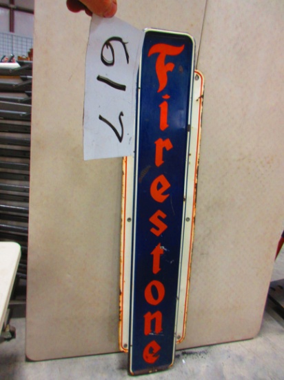 FIRESTONE 16'' X72'' MARKED M.C.A. 49 THE RARE SIDE WING SIGN ROUGH ON BOTTOM EDGE AN A FEW SPOTS VE